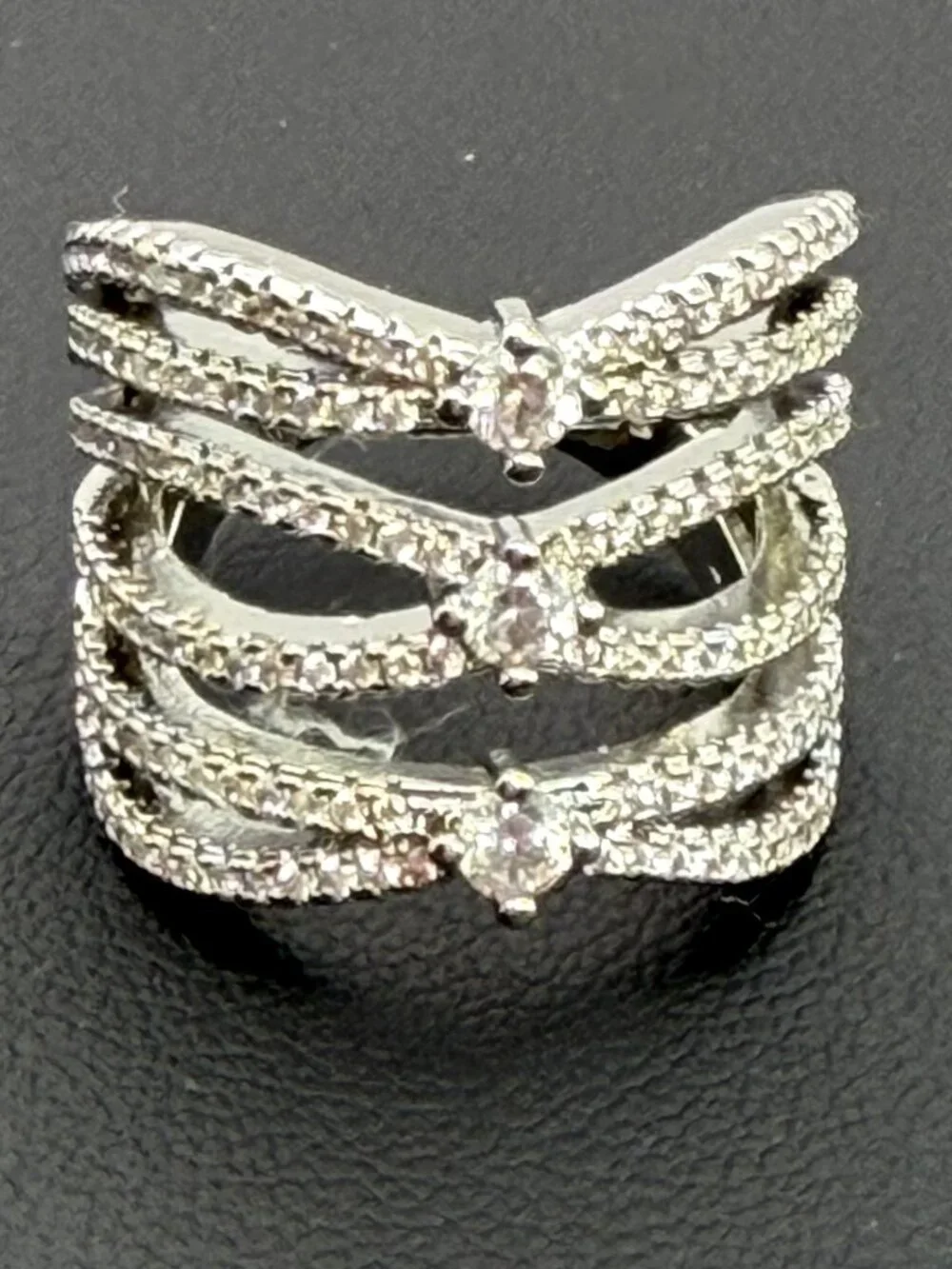 925 Sterling Silver Ring Wide Cross Over Band Multi Row Pave CZ Statement 5.5”